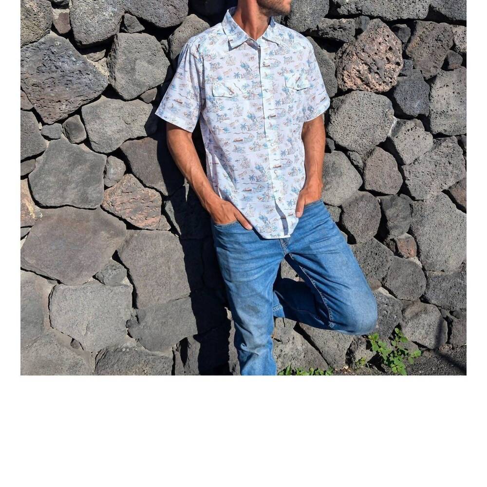 NEW WESTERN ALOHA paniolo short sleeve polo in white blue